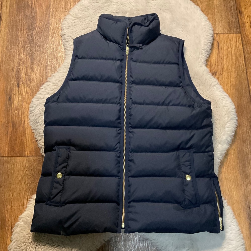 J. Crew Down Puffer Vest Size Medium Navy Blue Gold‎ Detail Zipper Women's